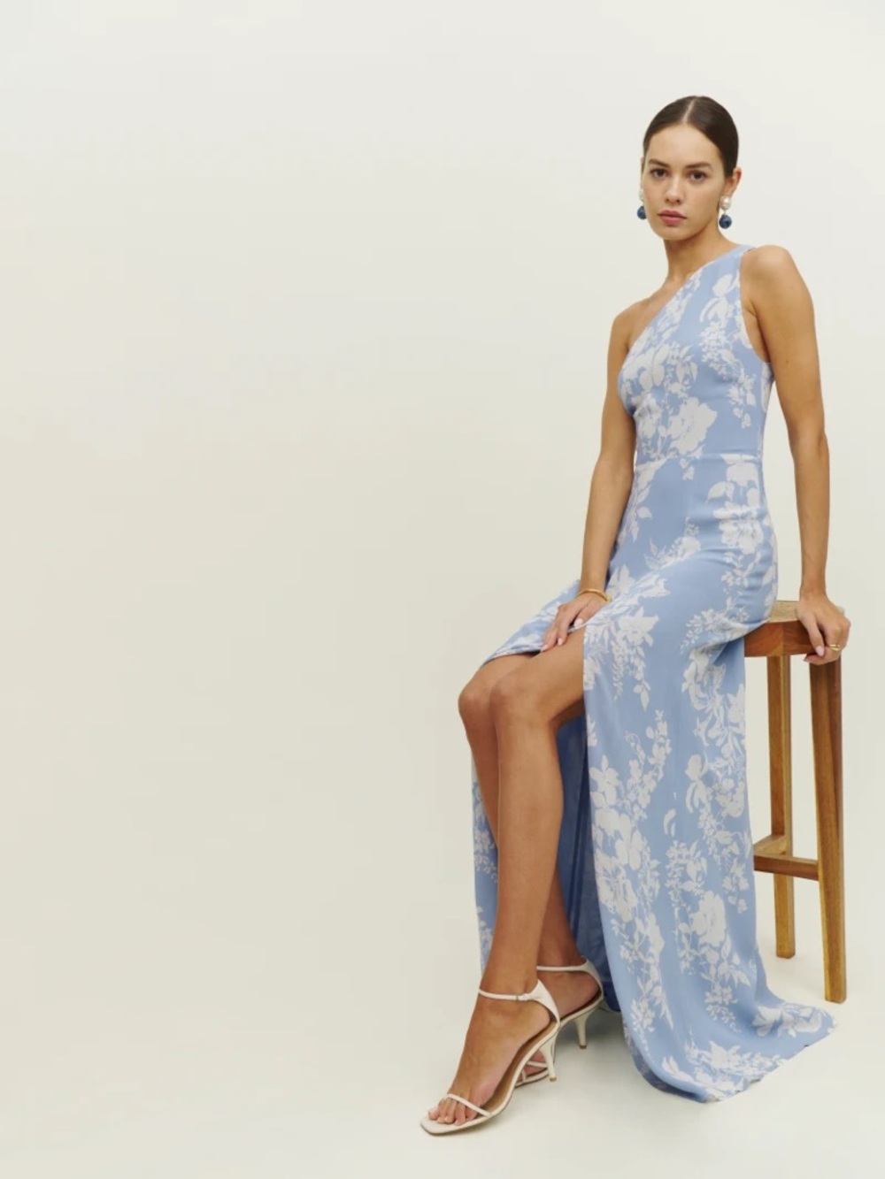 Reformation Blue One-Shoulder Floral Gown